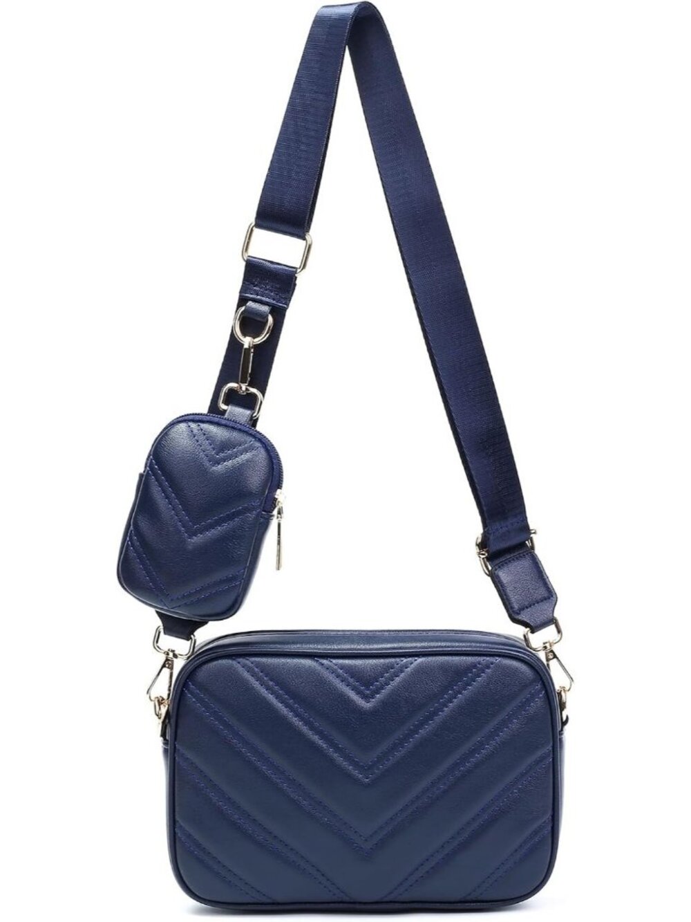Women Navy Blue Red Vegan Leather Quilted Small Coin Pouch Strap Crossbody Bag